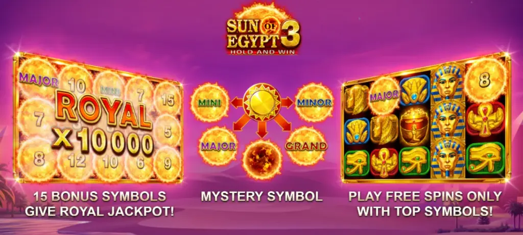 Sun of Egypt 3 Bonuses Breakdown.
Key Features: Jackpots, Free Spins & More