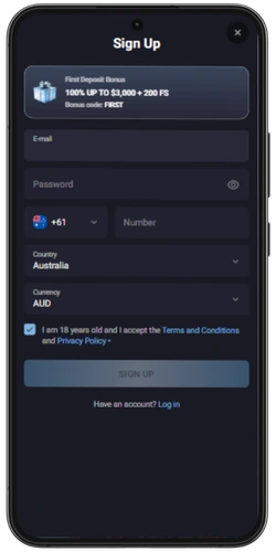 Sign Up form on mobile in Sun of Egypt3– enter email, password and select AUD currency to create an account