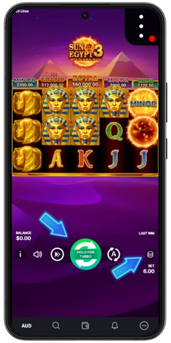 Sun of Egypt 3 Hold and Win bonus running on mobile – set bet and spin with Hold for Turbo button visible